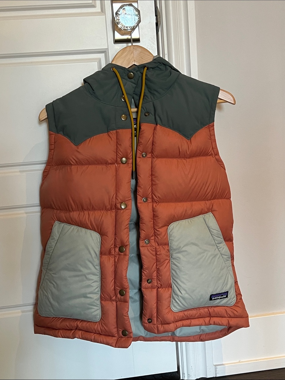 Patagonia Rust & Olive Down Puffer Vest with Light Blue Pockets